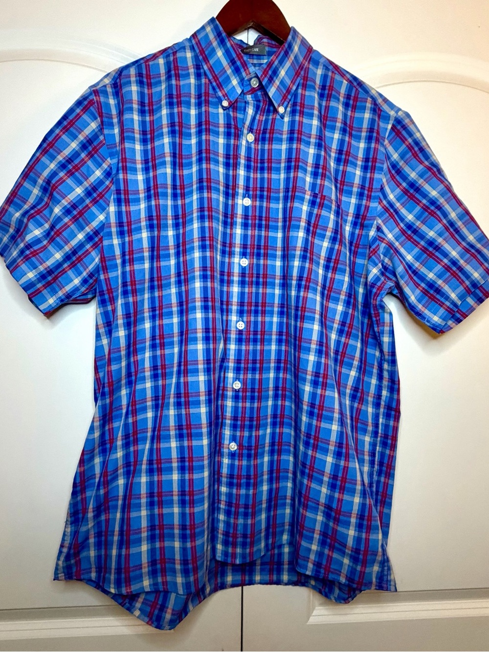 Saddlebred easy care button up short sleeve shirt blue red plaid size Large L